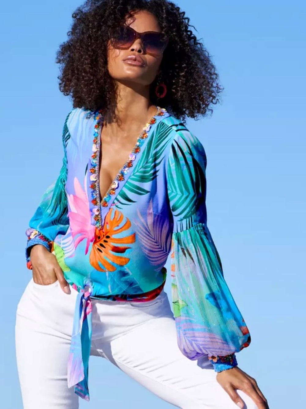 Boston Proper Tropical Beaded top ,V-Neck ,S,Tie-Front ,puffed sheer sleeves, EC